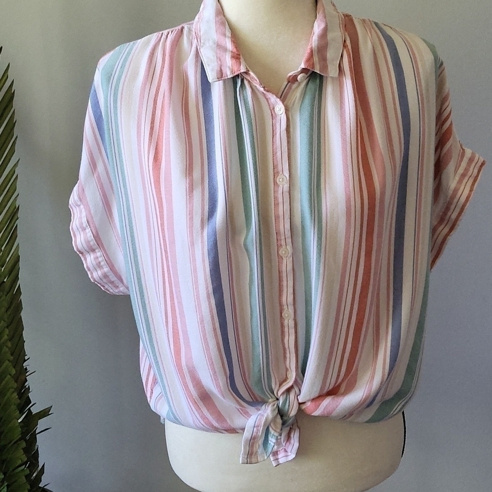 Time and Tru multicolored striped button down with cap sleeves